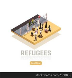 Refugees isometric composition with immigrants and policemen standing on different sides of state border vector illustration
