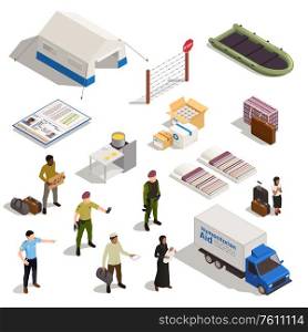 Refugees isometric icons set Immigrant and policeman characters refugee camp truck with humanitarian add isolated vector illustration