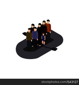 Refugees on boat icon in isometric 3d style isolated on white background. War and evacuation symbol . Refugees on boat icon, isometric 3d style