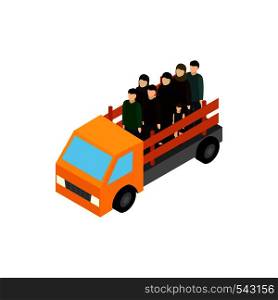Refugees on truck icon in isometric 3d style isolated on white background. War and evacuation symbol . Refugees on truck icon, isometric 3d style