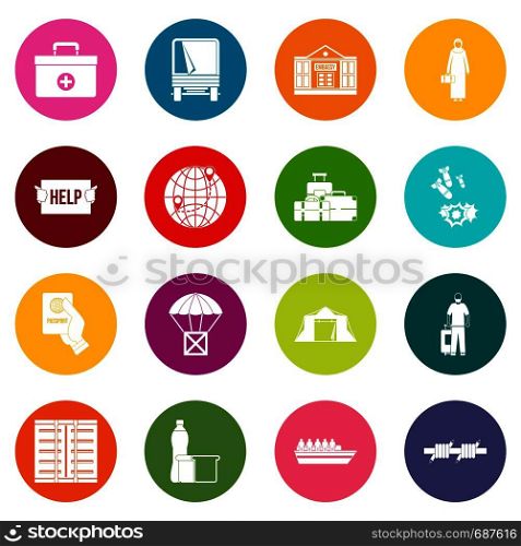 Refugees problem icons many colors set isolated on white for digital marketing. Refugees problem icons many colors set