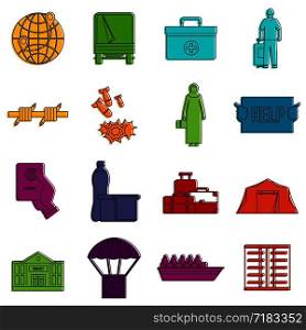 Refugees problem icons set. Doodle illustration of vector icons isolated on white background for any web design. Refugees problem icons doodle set