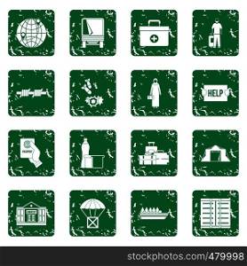 Refugees problem icons set in grunge style green isolated vector illustration. Refugees problem icons set grunge