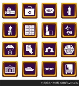 Refugees problem icons set in purple color isolated vector illustration for web and any design. Refugees problem icons set purple