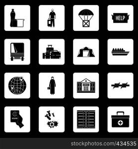 Refugees problem icons set in white squares on black background simple style vector illustration. Refugees problem icons set squares vector