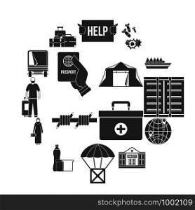 Refugees problem icons set. Simple illustration of 16 refugees problem vector icons for web. Refugees problem icons set, simple style