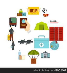 Refugees problem set icons in flat style isolated on white background. Refugees problem set flat icons