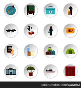 Refugees problem set icons in flat style isolated on white background. Refugees problem set flat icons