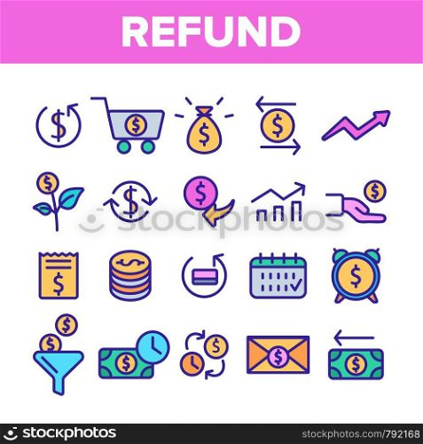 Refund, E-payment System Vector Linear Icons Set. Internet Order Refund, Online Money Transaction Outline Symbols Pack. Banking And Finance. E-Commerce, Cash Back Service Isolated Contour Illustration. Refund, E-payment System Vector Linear Icons Set