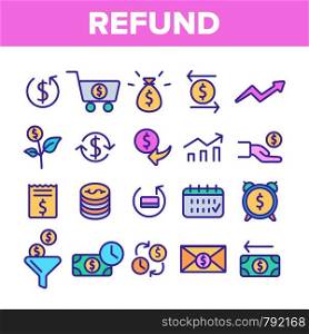 Refund, E-payment System Vector Linear Icons Set. Internet Order Refund, Online Money Transaction Outline Symbols Pack. Banking And Finance. E-Commerce, Cash Back Service Isolated Contour Illustration. Refund, E-payment System Vector Linear Icons Set