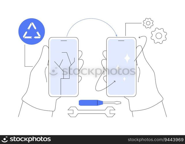 Refurbish electronics abstract concept vector illustration. Man repurposing old electronics, equipment reuse and repair, ecological consumption, green computing and disposal abstract metaphor.. Refurbish electronics abstract concept vector illustration.