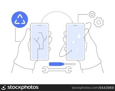 Refurbish electronics abstract concept vector illustration. Man repurposing old electronics, equipment reuse and repair, ecological consumption, green computing and disposal abstract metaphor.. Refurbish electronics abstract concept vector illustration.