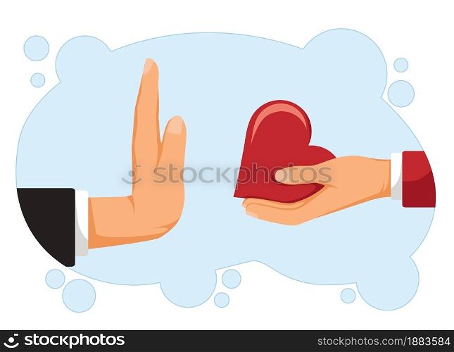 Refusal of love. Rejecting marriage proposal. woman holding in hand heart. Man gesture rejects the proposal. Vector illustration flat design. Isolated on white background.