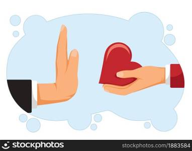 Refusal of love. Rejecting marriage proposal. woman holding in hand heart. Man gesture rejects the proposal. Vector illustration flat design. Isolated on white background.