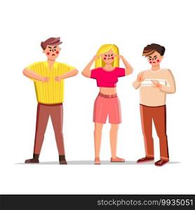 Refusal People Showing Negative Gesture Vector. Young Man Refuse, Boy Gesturing Dislike Refusal Signs And Woman With Fingers In Ears Unlistening. Characters Expression Flat Cartoon Illustration. Refusal People Showing Negative Gesture Vector