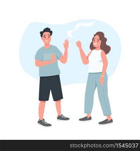 Refusing cigarette male flat color vector detailed character. Man reject smoke from woman. Stop tobacco addiction isolated cartoon illustration for web graphic design and animation. Refusing cigarette male flat color vector faceless character