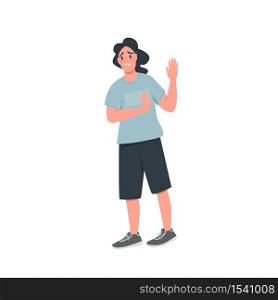Refusing man flat color vector detailed character. Feeling of sadness. Guy in rejecting gesture. Frustrated boy. Disgust isolated cartoon illustration for web graphic design and animation. Refusing man flat color vector faceless character