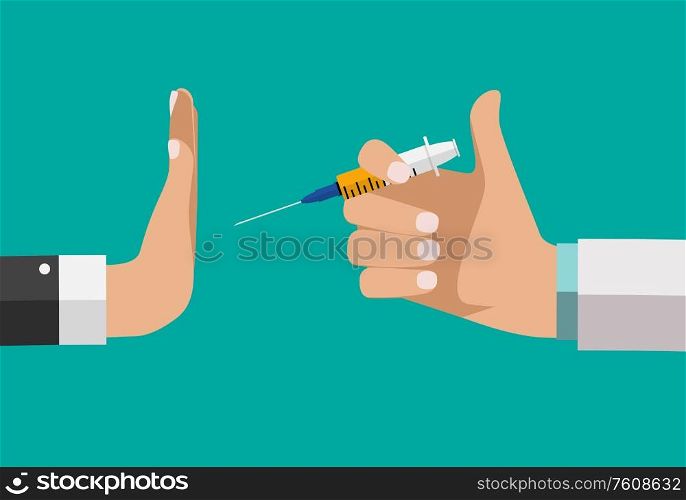 Refusing vaccine concept. Doctor hand offers gives medicines, but the patient refuses. Vector Illustration EPS10. Refusing vaccine concept. Doctor hand offers gives medicines, but the patient refuses. Vector Illustration
