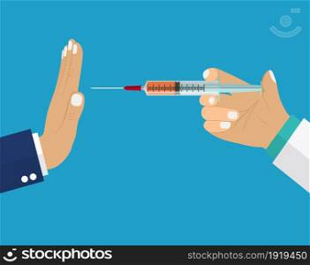 Refusing vaccine concept. Doctor holding syringe in hand offers gives medicines. Rejection gesture. For healthy lifestyle. Vector illustration in flat style. Refusing vaccine concept.