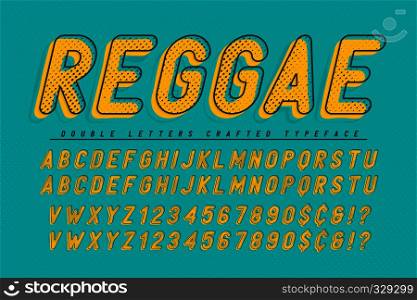 Reggae condensed display font popart design, alphabet, letters and numbers. Swatch color control. Reggae condensed display font popart design, alphabet, letters