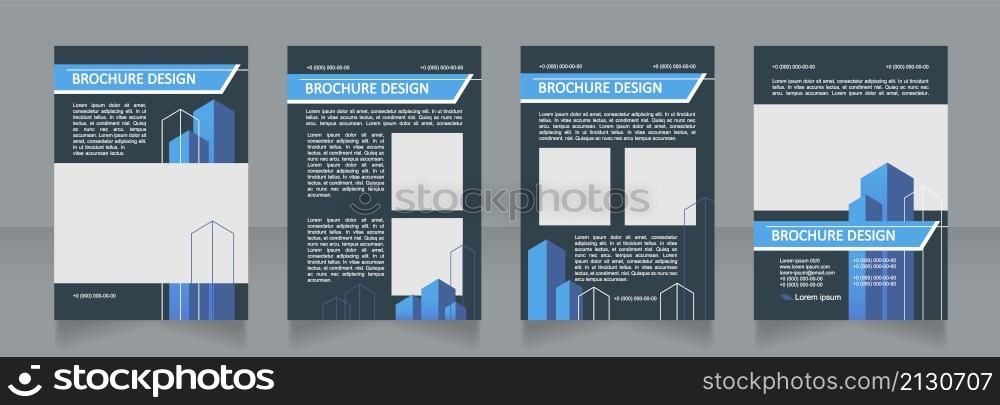 Regional construction dark blue blank brochure design. Template set with copy space for text. Premade corporate reports collection. Editable 4 paper pages. Calibri, Arial fonts used. Regional construction dark blue blank brochure design
