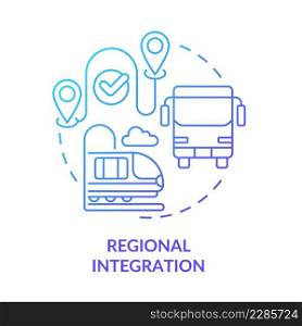 Regional integration blue gradient concept icon. City and rural site connection. Urban design principles abstract idea thin line illustration. Isolated outline drawing. Myriad Pro-Bold font used. Regional integration blue gradient concept icon