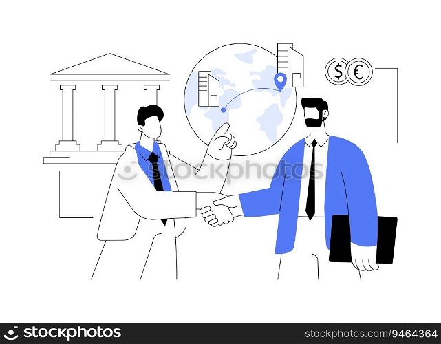 Register a company abroad abstract concept vector illustration. Owner registering international business, consultancy service government sector, getting assistance abstract metaphor.. Register a company abroad abstract concept vector illustration.