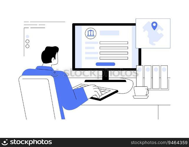 Register business address abstract concept vector illustration. Businessman register address for his new project, government services, sign documents online, bureaucracy sector abstract metaphor.. Register business address abstract concept vector illustration.