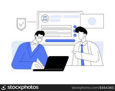 Register business name abstract concept vector illustration. Partners register business name using laptop, government industry, filing documents online, eligible for use abstract metaphor.. Register business name abstract concept vector illustration.