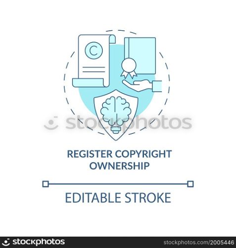 Register copyright ownership blue concept icon. Content protection abstract idea thin line illustration. Exclusive right in work. Vector isolated outline color drawing. Editable stroke. Register copyright ownership blue concept icon