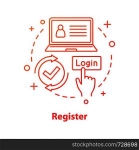 Registration concept icon. Create account idea thin line illustration. New user register. Login. Vector isolated outline drawing. Registration concept icon