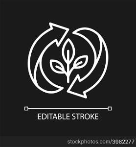 Regrowing white linear icon for dark theme. Growing plant from scraps. Seedling growth and development. Thin line illustration. Isolated symbol for night mode. Editable stroke. Arial font used. Regrowing white linear icon for dark theme