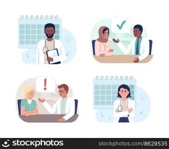 Regular doctor appointment 2D vector isolated illustrations set. Flat characters on cartoon background. Colorful editable scenes for mobile, website, presentation pack. Pacifico Regular font used. Regular doctor appointment 2D vector isolated illustrations set