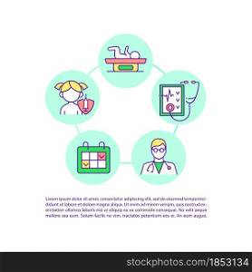 Regular health checkups concept line icons with text. PPT page vector template with copy space. Brochure, magazine, newsletter design element. Child medical examination linear illustrations on white. Regular health checkups concept line icons with text