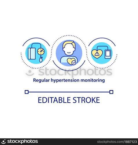 Regular hypertension monitoring concept icon. Blood pressure measurement abstract idea thin line illustration. Using arterial tonometer. Vector isolated outline color drawing. Editable stroke. Regular hypertension monitoring concept icon