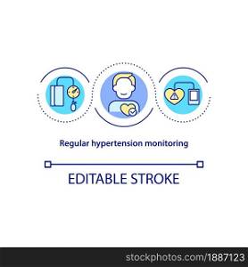 Regular hypertension monitoring concept icon. Blood pressure measurement abstract idea thin line illustration. Using arterial tonometer. Vector isolated outline color drawing. Editable stroke. Regular hypertension monitoring concept icon