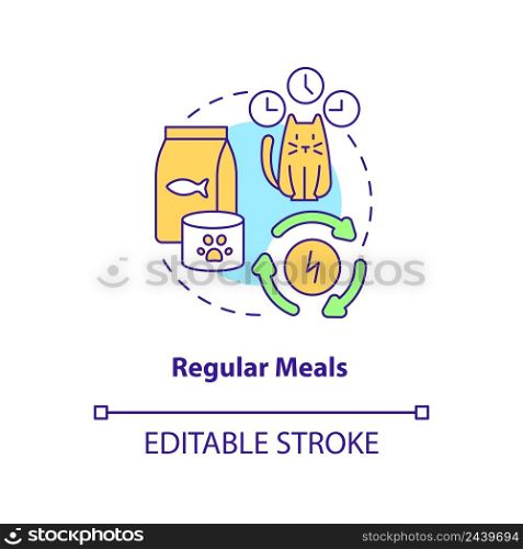 Regular meals concept icon. Keeping indoor cat healthy abstract idea thin line illustration. Normal diet. Canned food. Isolated outline drawing. Editable stroke. Arial, Myriad Pro-Bold fonts used. Regular meals concept icon