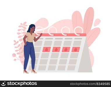 Regular menstrual cycle 2D vector isolated illustration. Happy woman flat character on cartoon background. Colourful editable scene for website, presentation. Nerko One Regular, Quicksand fonts used. Regular menstrual cycle 2D vector isolated illustration