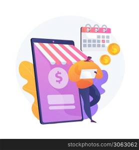 Regular money transfer, cash transaction, planned payment. Online banking, remittance, personal account management. Money addresser cartoon character. Vector isolated concept metaphor illustration.. Regular money transfer vector concept metaphor.