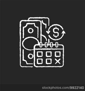 Regular payments chalk white icon on black background. Coverage term. Determined interval. Recurring payment. Debt satisfying. Credit contracts. Isolated vector chalkboard illustration. Regular payments chalk white icon on black background