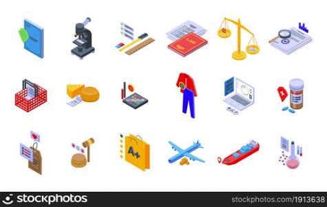 Regulated products icons set isometric vector. Control quality. Safety test. Regulated products icons set isometric vector. Control quality