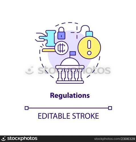 Regulations concept icon. Crypto-currency weak point abstract idea thin line illustration. State legislation. Isolated outline drawing. Editable stroke. Arial, Myriad Pro-Bold fonts used. Regulations concept icon