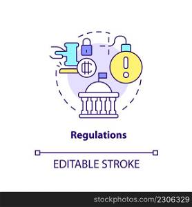 Regulations concept icon. Crypto-currency weak point abstract idea thin line illustration. State legislation. Isolated outline drawing. Editable stroke. Arial, Myriad Pro-Bold fonts used. Regulations concept icon
