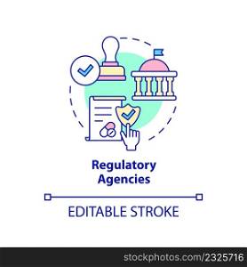 Regulatory agencies concept icon. Safety of clinical trials guaranty abstract idea thin line illustration. Isolated outline drawing. Editable stroke. Arial, Myriad Pro-Bold fonts used. Regulatory agencies concept icon
