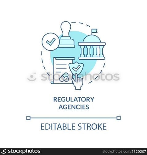 Regulatory agencies turquoise concept icon. Safety of clinical trials guaranty abstract idea thin line illustration. Isolated outline drawing. Editable stroke. Arial, Myriad Pro-Bold fonts used. Regulatory agencies turquoise concept icon