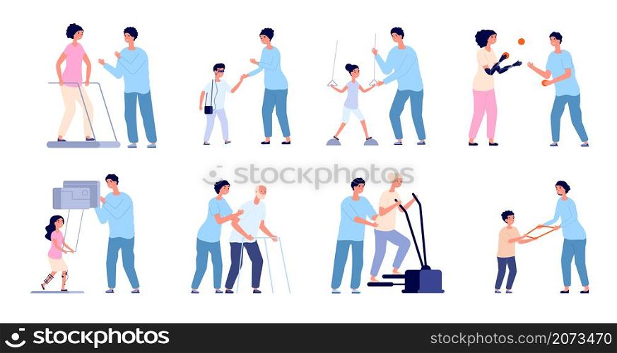 Rehabilitation and therapy. Health exercising, wellness clinic after injury. Physiotherapist care, doctor and exercise equipment vector set. Illustration physiotherapy and treatment rehabilitation. Rehabilitation and therapy. Health exercising, wellness clinic after injury. Physiotherapist care, doctor and exercise equipment utter vector set