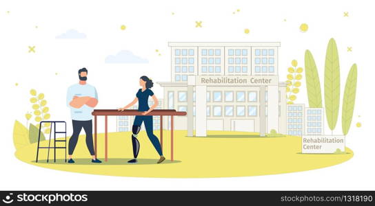 Rehabilitation Center for People with Disabilities Trendy Flat Vector Concept. Disabled Woman with Leg Prosthesis Training to Walk on Parallel Bars, Therapist Helping Disabled Woman Illustration