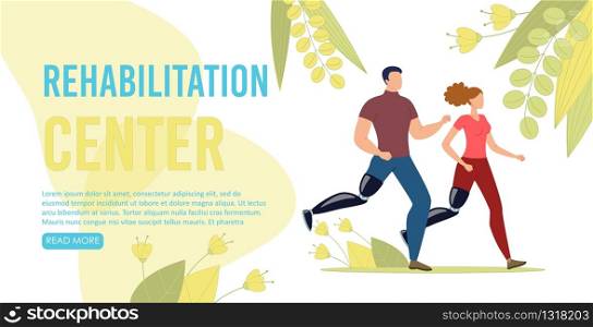 Rehabilitation Center for People with Disability Trendy Flat Vector Web Banner, Landing Page Template. Man and Woman with Leg Prosthesis Jogging in Park, Disabled Couple Running Together Illustration
