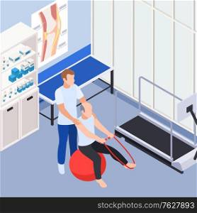 Rehabilitation clinic doctor office interior isometric composition with physiotherapist assisting stability ball balance stretch exercises vector illustration