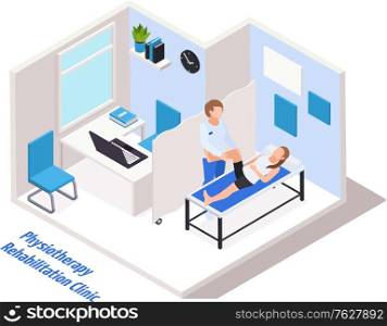 Rehabilitation clinic doctor office interior isometric composition with physiotherapist performing low limb strengthening treatment vector illustration